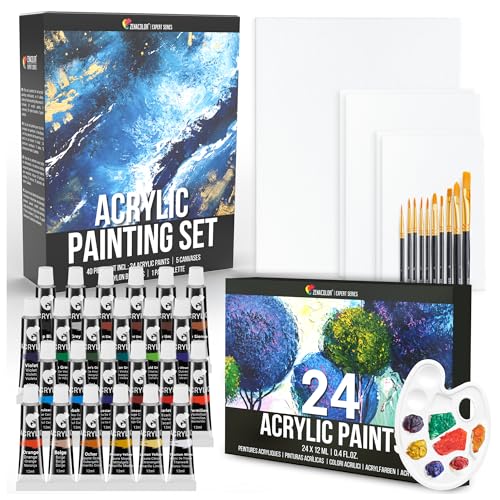 Pintura acrílica 24 colores. 5 Lienzos, 10 Pinceles, 1 Paleta