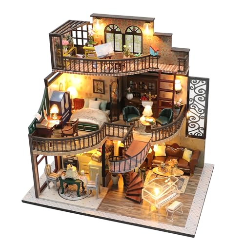 GROFIS Miniaturas Maquetas DIY Kit, Casa de Muñecas de Madera con Muebles y Luces LED, Desván DIY Miniature House Puzzle 3D, Decoración de Escritorio, Regalo para Niño Adultos